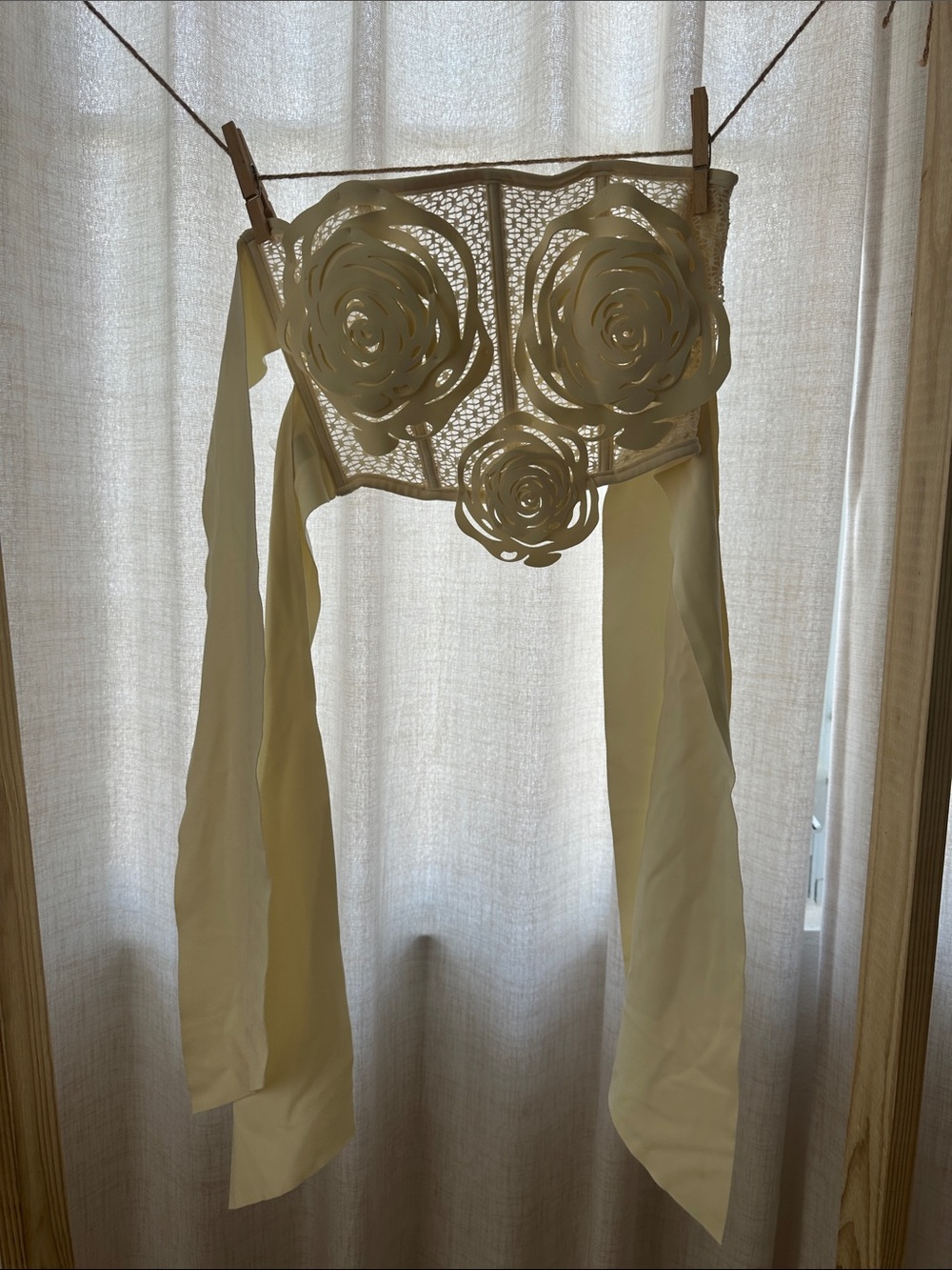 Women's Cream Floral Appliqué Bikini Top with Long Ties